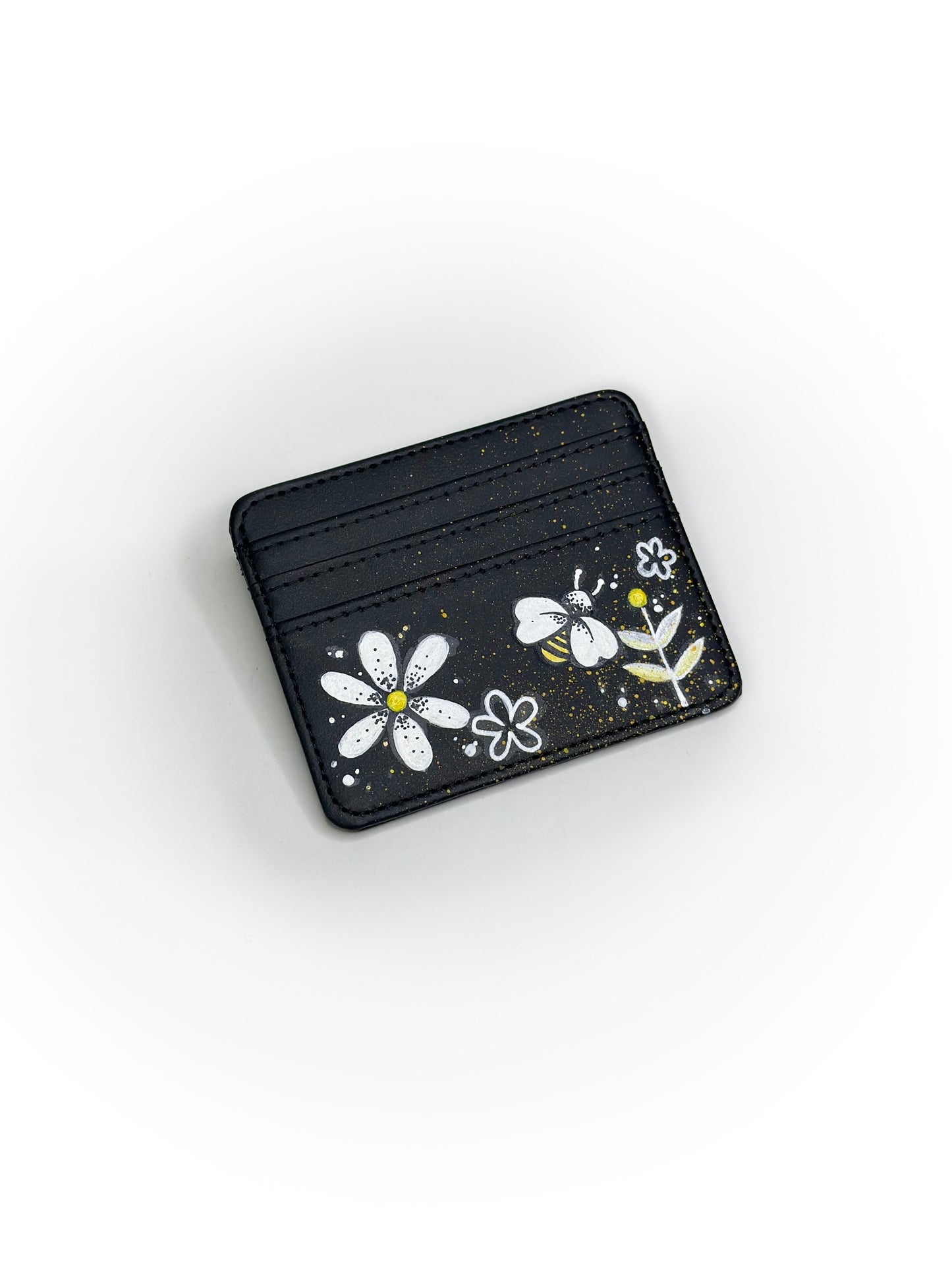 Hand-Painted Black Cardholder with Bee & Flower