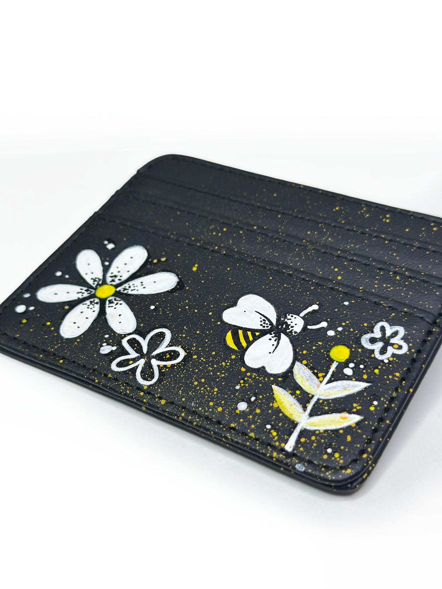 Hand-Painted Black Cardholder with Bee & Flower